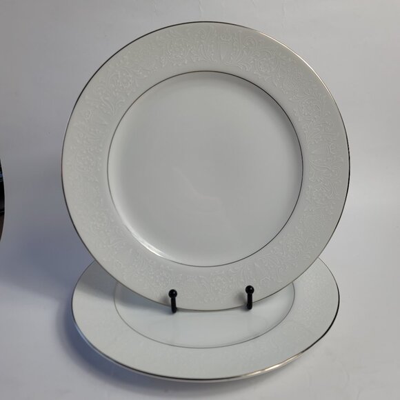 TWO Crown Victoria Lovelace Dinner Plates White with White Flowers & Urns - Picture 1 of 16
